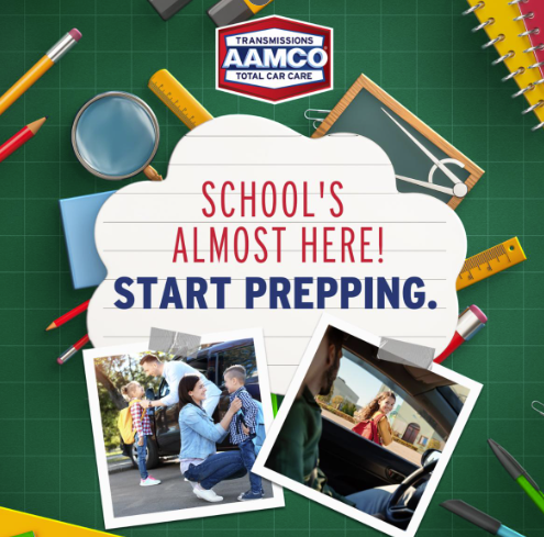 AAMCO Back to School image with photos of kids being dropped off in carpool line