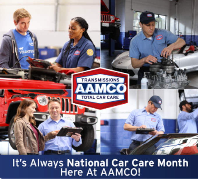 AAMCO technicians working with customers for National Car Care Month 