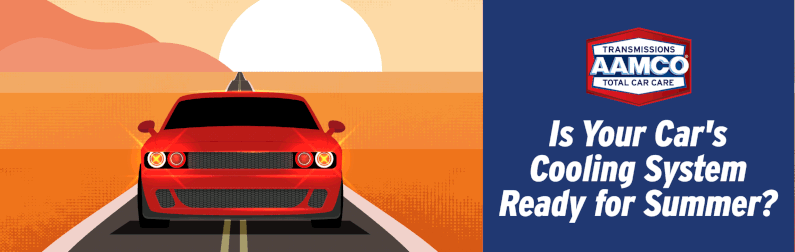 Graphic of a red car driving down a road at sunset