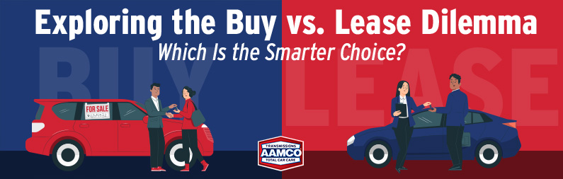 Banner illustration of someone buying a vehicle on a blue background vs. someone leasing a vehicle on a red background