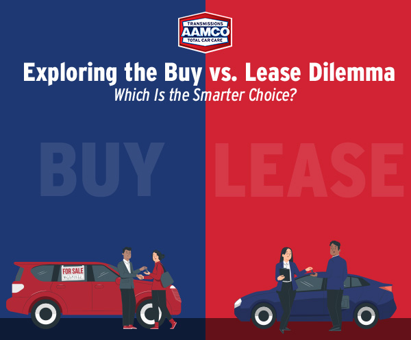 Thumbnail illustration of someone buying a vehicle on a blue background vs. someone leasing a vehicle on a red background